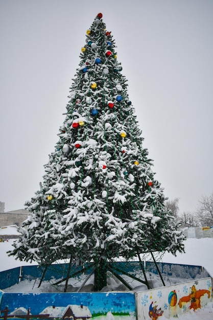 Beautiful decorated christmas tree with present boxes in a winter landscape with snow