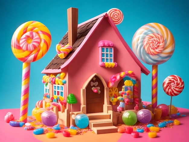 Beautiful Decorated Colourful Dreamlike Candy House in Candy Land Realistic 3D Render Image