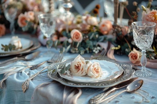 Beautiful Decorated Wedding Table with Flowers and Festive Cutlery