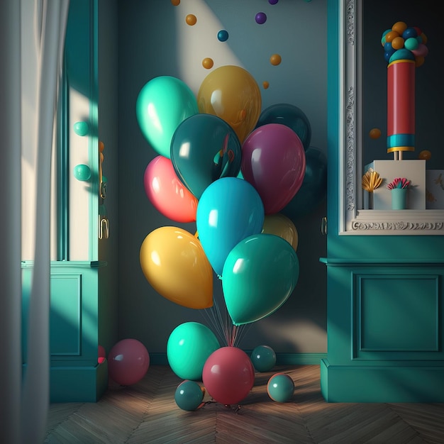 Beautiful decorations for baby shower party near color wall birthday party children Generative AI