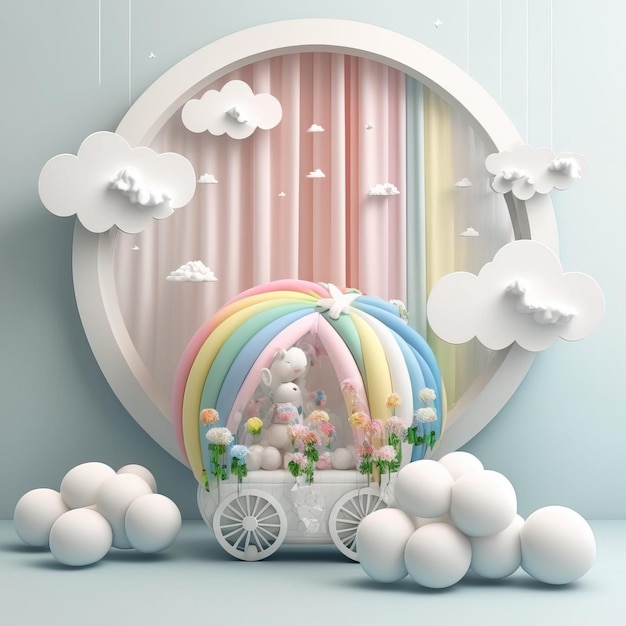 Beautiful decorations for baby shower party near color wall birthday party children Generative AI