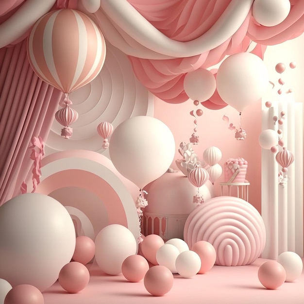 Beautiful decorations for baby shower party near color wall birthday party children Generative AI