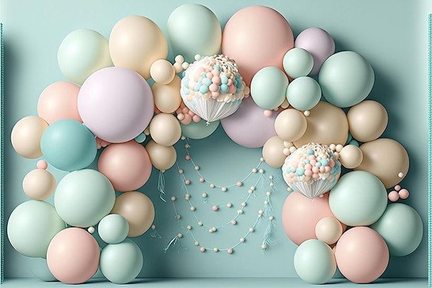 Beautiful decorations for baby shower party near color wall birthday party children Generative AI