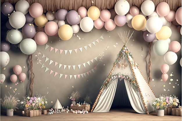 Beautiful decorations for baby shower party near color wall birthday party children Generative AI