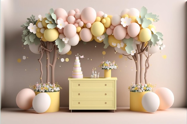 Beautiful decorations for baby shower party near color wall birthday party children Generative AI