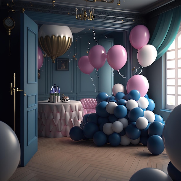 Beautiful decorations for baby shower party near color wall birthday party children Generative AI