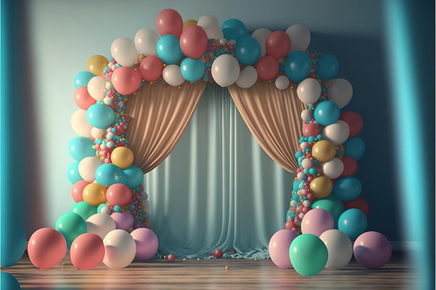 Beautiful decorations for baby shower party near color wall birthday party children Generative AI