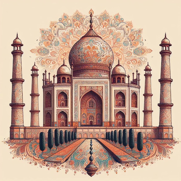 Beautiful decorative illustration of the Taj Mahal Taj Mahal illustration Generative AI