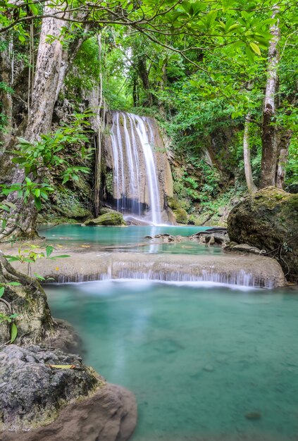 Beautiful deep forest waterfall of Erawan waterfall in Kanchaburi, Thailand