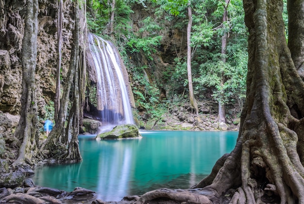 Beautiful deep forest waterfall of Erawan waterfall in Kanchaburi, Thailand