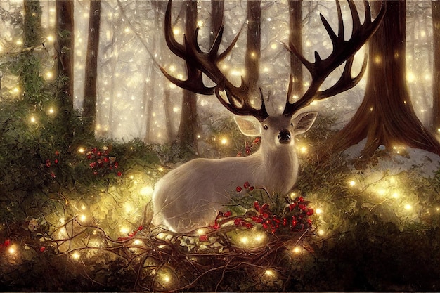 Beautiful deer and christmas festival in pine woods decorated with spectacular gift boxes and decoration for giving to family on christmas and new year 2023 Digital art painting 3D illustration