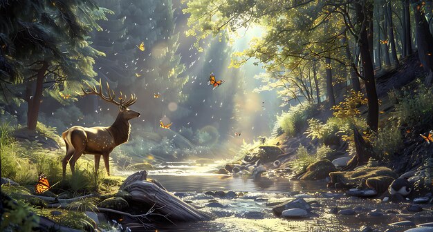 Beautiful deer in the forest near the river