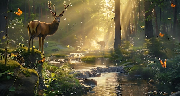 Beautiful deer in the forest near the river