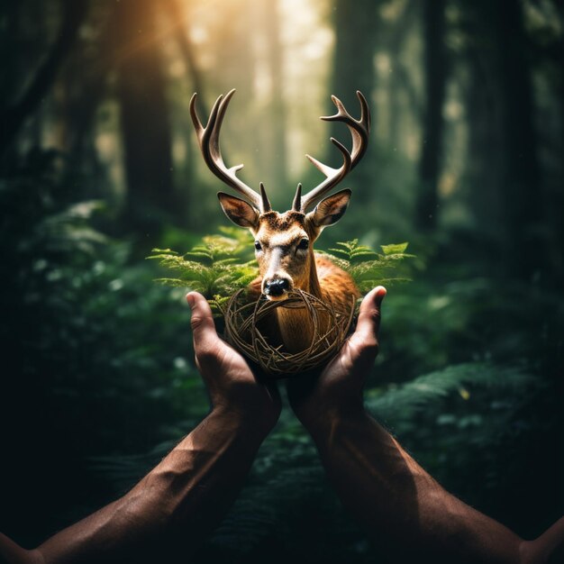 Beautiful deer on hand earths image Generative AI