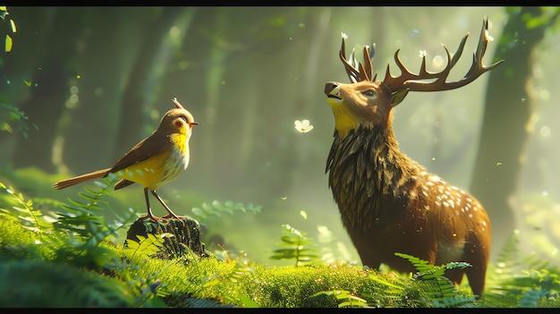 A beautiful deer stands in the forest looking at a small bird perched on a branch