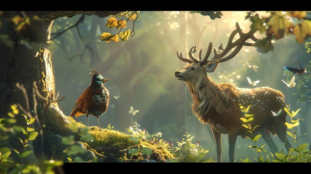 A beautiful deer stands in a sunlit forest The deer is surrounded by lush green ferns and other plants