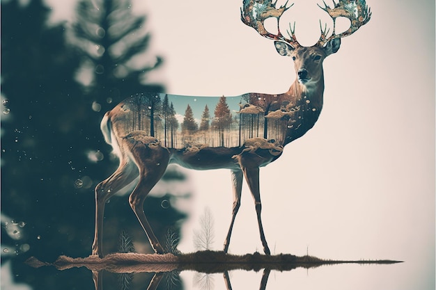 Photo beautiful deer in the woods double exposure with natural background