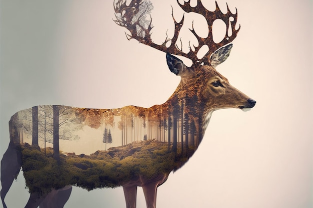 Beautiful deer in the woods double exposure with natural background