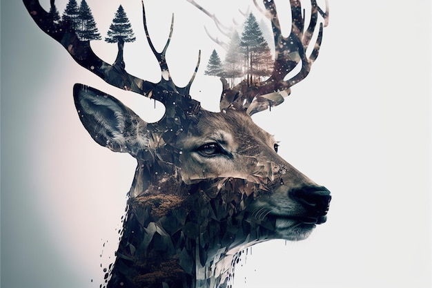 Beautiful deer in the woods double exposure with natural background