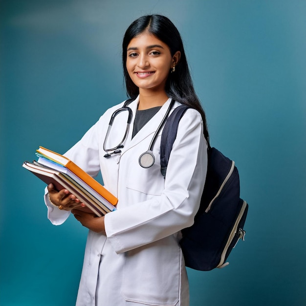 A beautiful DELHI Indian medical student girl holding books in her hand wearing a white apron with a stethoscope around her neck smiling realistic