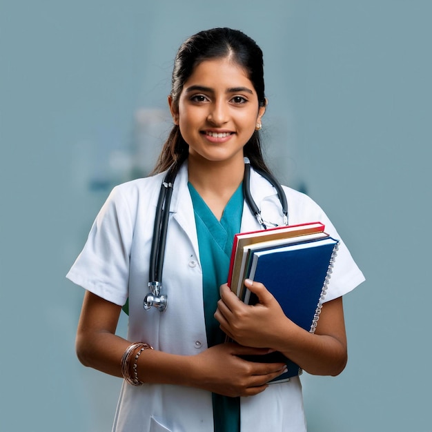 A beautiful DELHI Indian medical student girl holding books in her hand wearing a white apron with a stethoscope around her neck smiling realistic