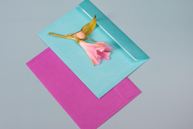 A beautiful delicate bouquet of pink alstroemeria lying on an envelope on a blue background