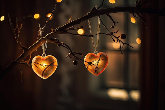 Beautiful and delicate heart shaped Christmas ornaments on tree branch blurred background Generative AI