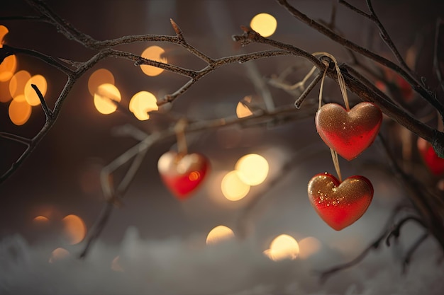 Beautiful and delicate heart shaped Christmas ornaments on tree branch blurred background Generative AI