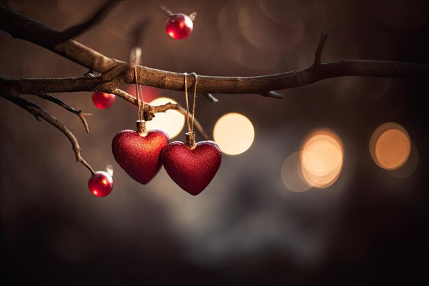 Beautiful and delicate heart shaped Christmas ornaments on tree branch blurred background Generative AI