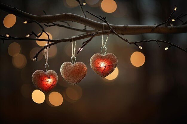 Beautiful and delicate heart shaped Christmas ornaments on tree branch blurred background Generative AI