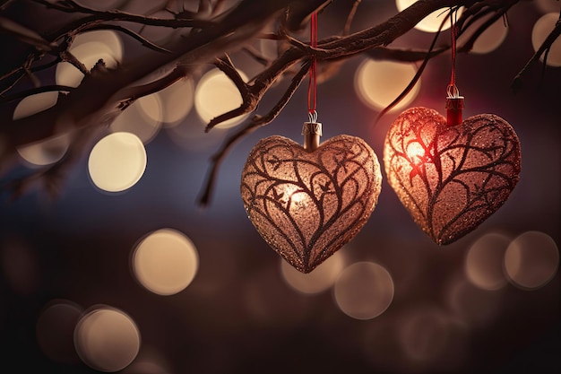 Beautiful and delicate heart shaped Christmas ornaments on tree branch blurred background Generative AI