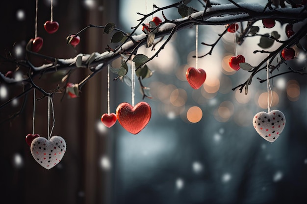 Beautiful and delicate heart shaped Christmas ornaments on tree branch blurred background Generative AI