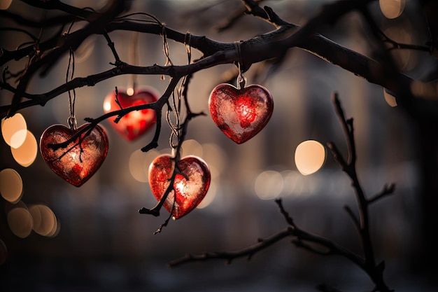 Beautiful and delicate heart shaped Christmas ornaments on tree branch blurred background Generative AI