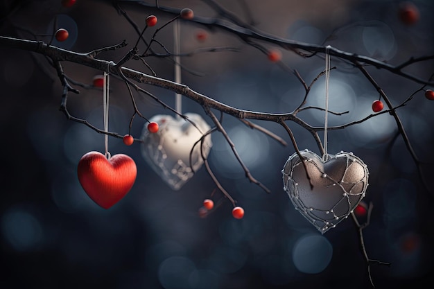 Beautiful and delicate heart shaped Christmas ornaments on tree branch blurred background Generative AI