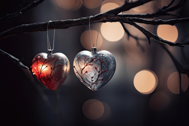 Beautiful and delicate heart shaped Christmas ornaments on tree branch blurred background Generative AI