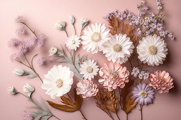 Beautiful delicate spring flowers on pastel pink background created with generative ai