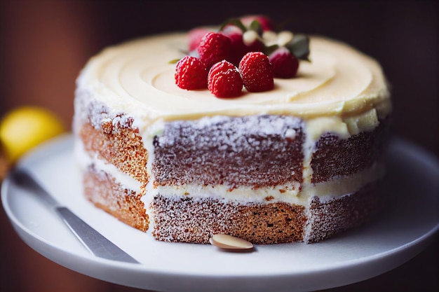 Beautiful and delicious cream lemon cake on plate of cream on blurry background