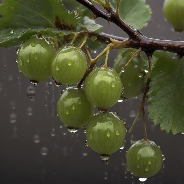 Beautiful delicious green gooseberry with water drops on watercolor mist background AI generated