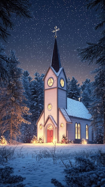 Photo a beautiful depiction of christian church during christmas surrounded by snow covered trees and twinkling stars warm lights create serene and festive atmosphere