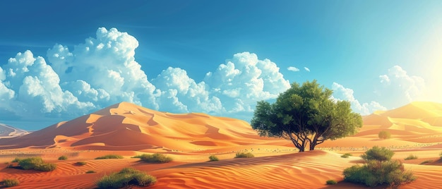 Photo beautiful desert landscape with golden sand dunes a lone tree and a bright blue sky filled with fluffy white clouds natural beauty at its best