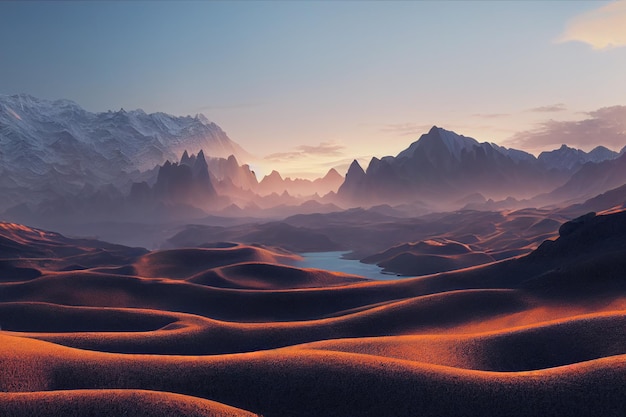 Beautiful desert at sunrise on mountain landscape background 2D Illustration