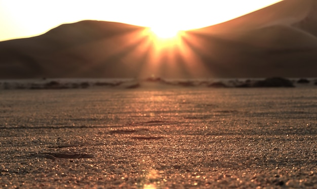 Beautiful desert sunset and footprints in the sand