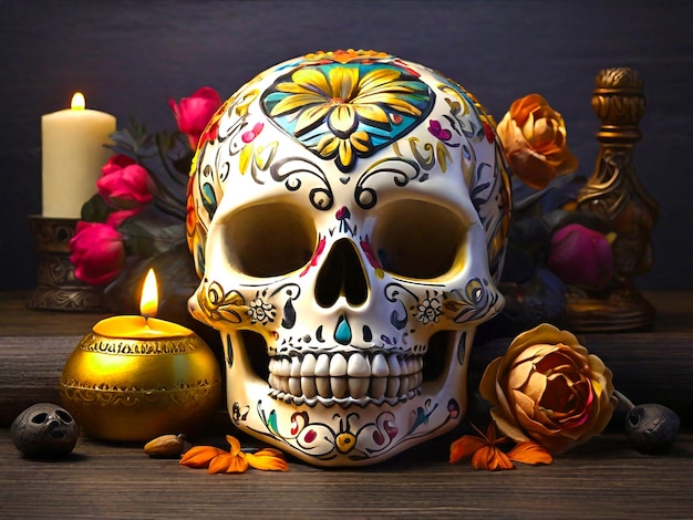 Beautiful design banner for day of the dead with skull and canddles flower