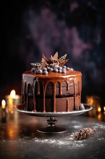 Beautiful designer chocolate cake with golden decorations Generative AI