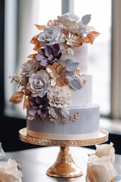 Beautiful designer wedding cake with floral decorations Generative AI