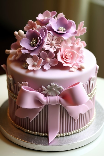 Beautiful designer wedding cake with floral decorations Generative AI