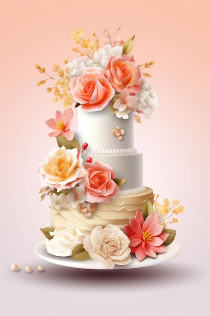 Beautiful designer wedding cake with floral decorations Generative AI