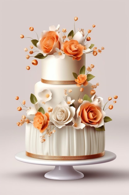 Beautiful designer wedding cake with floral decorations Generative AI