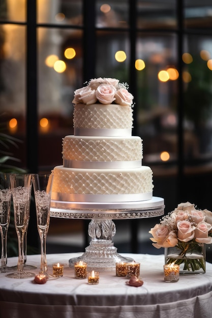 Beautiful designer wedding cake with floral decorations Generative AI