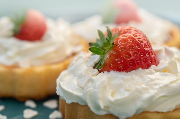 A beautiful dessert of sponge cake and cream with strawberries